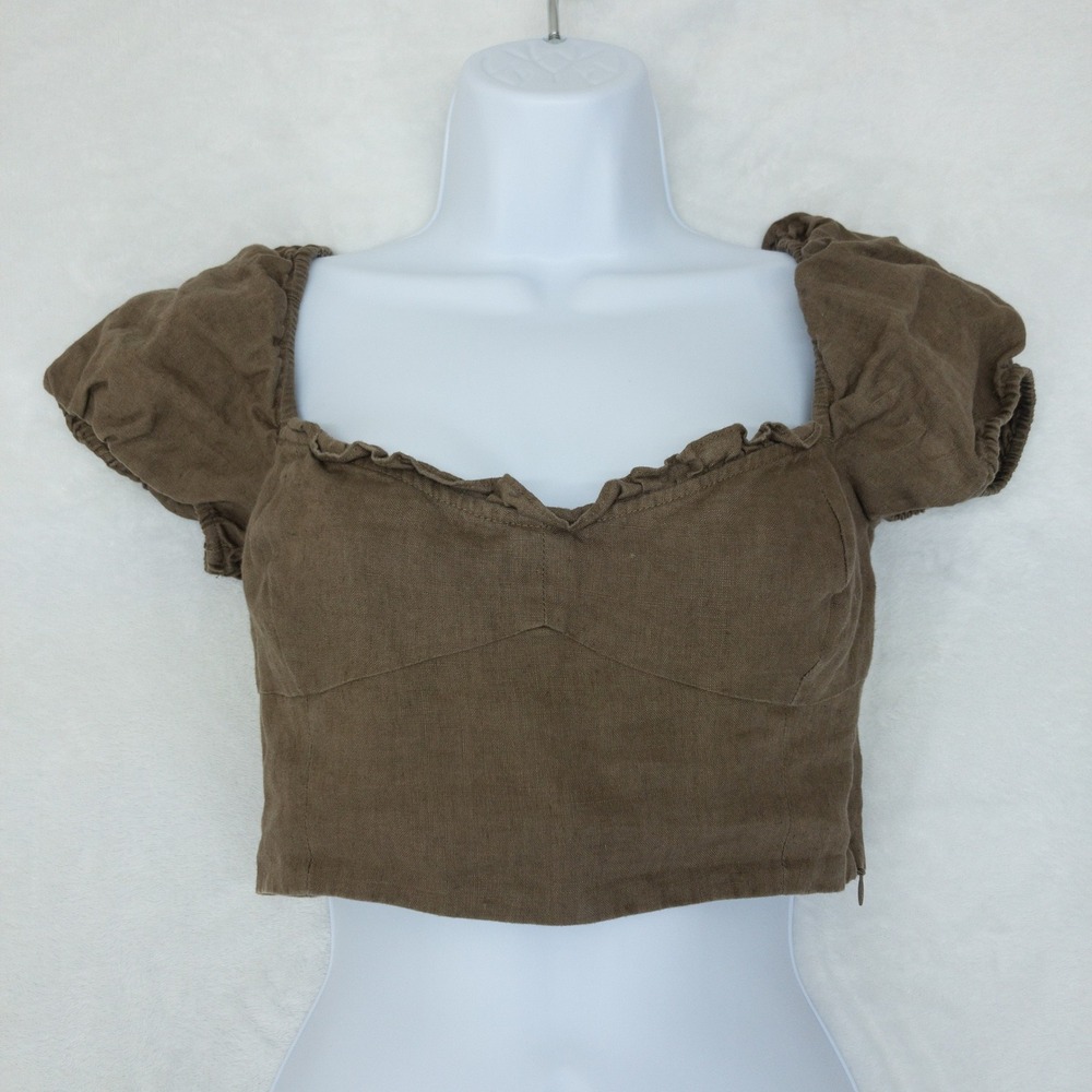 Wilfred Crop‎ Top Womens Small Brown Organic Linen Wander Puff Sleeve Smocked